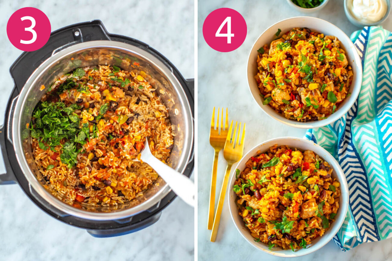 Steps 3 and 4 for making Instant Pot chicken burrito bowls: Stir in cilantro then serve and enjoy! 