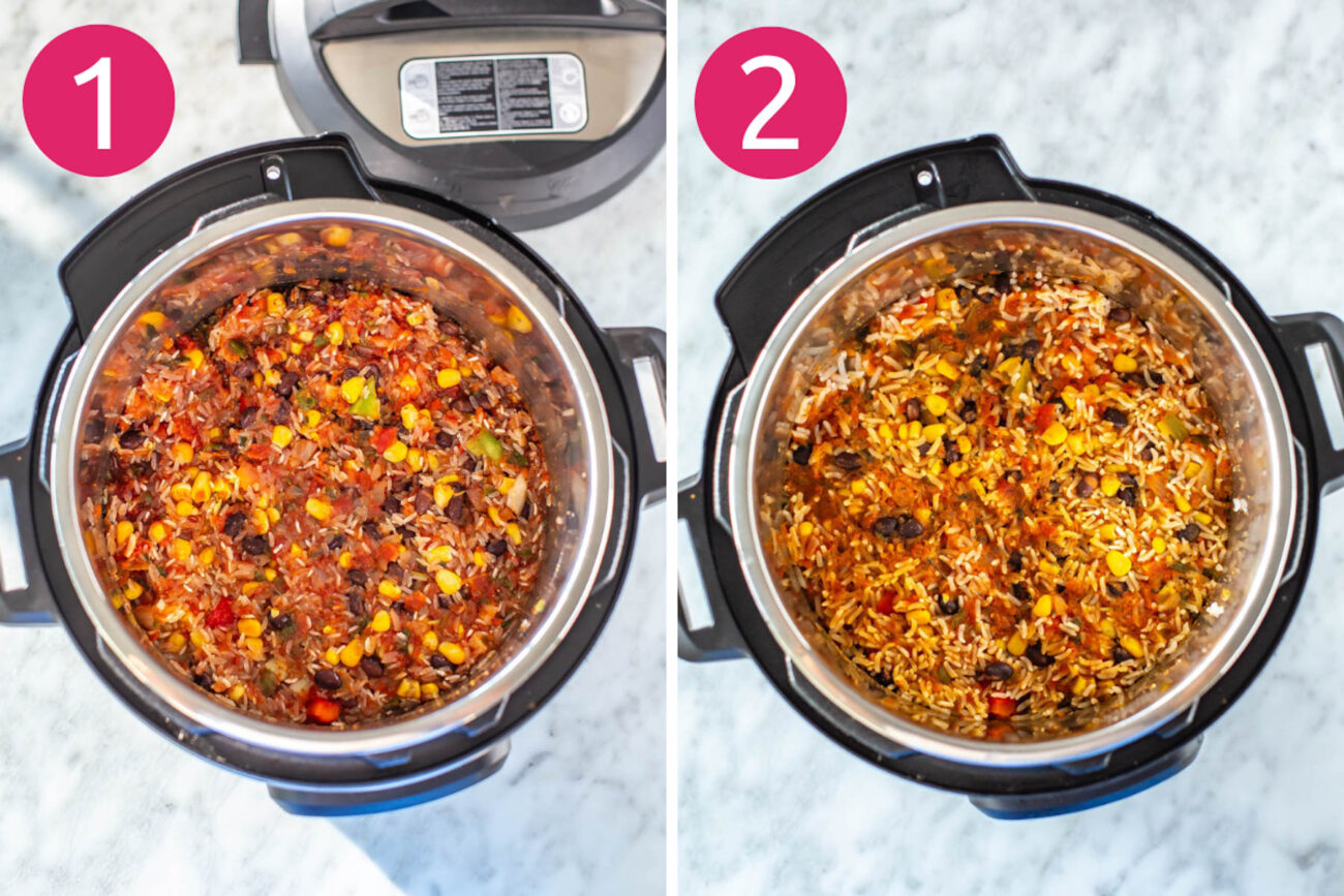 Steps 1 and 2 for making Instant Pot chicken burrito bowls: Add everything to the Instant Pot and cook on high pressure.