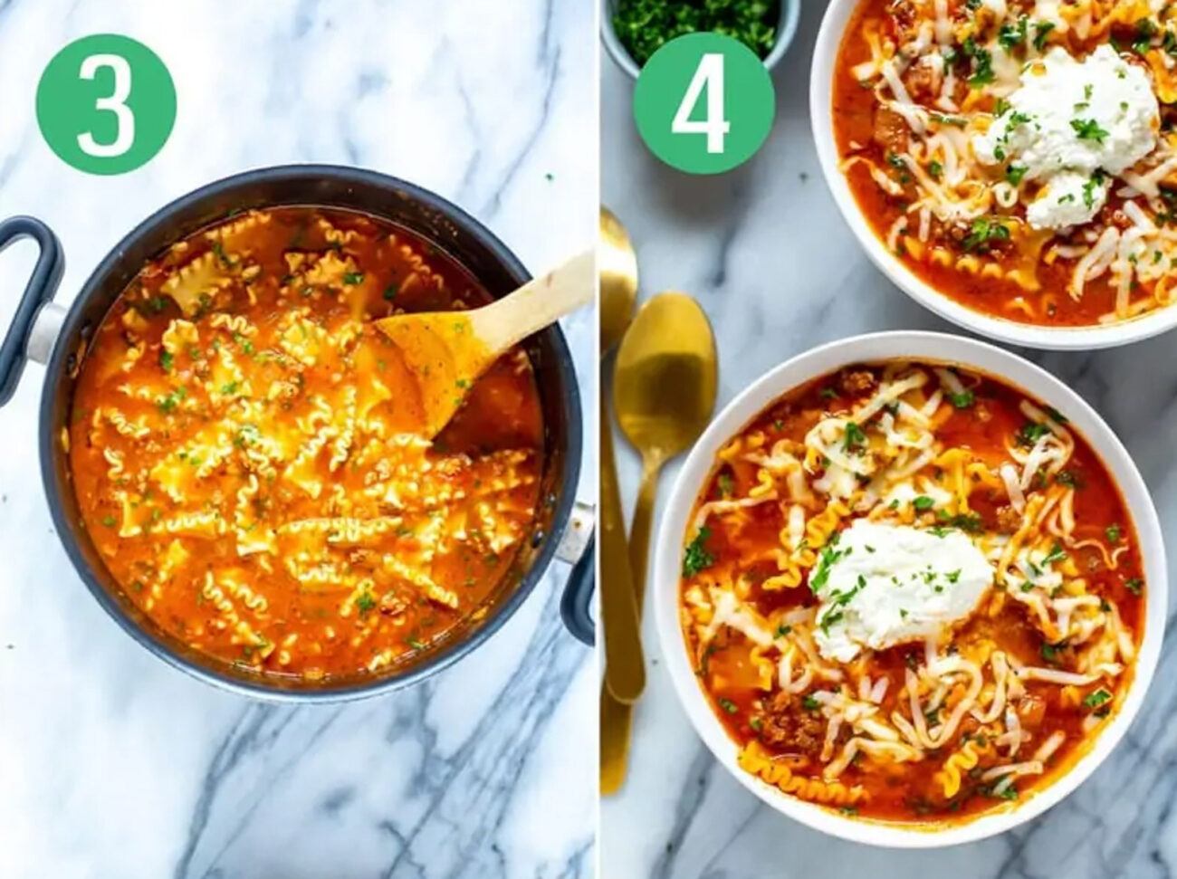 Steps 3 and 4 for making one pot lasagna soup: Add in rest of ingredients then serve and enjoy.