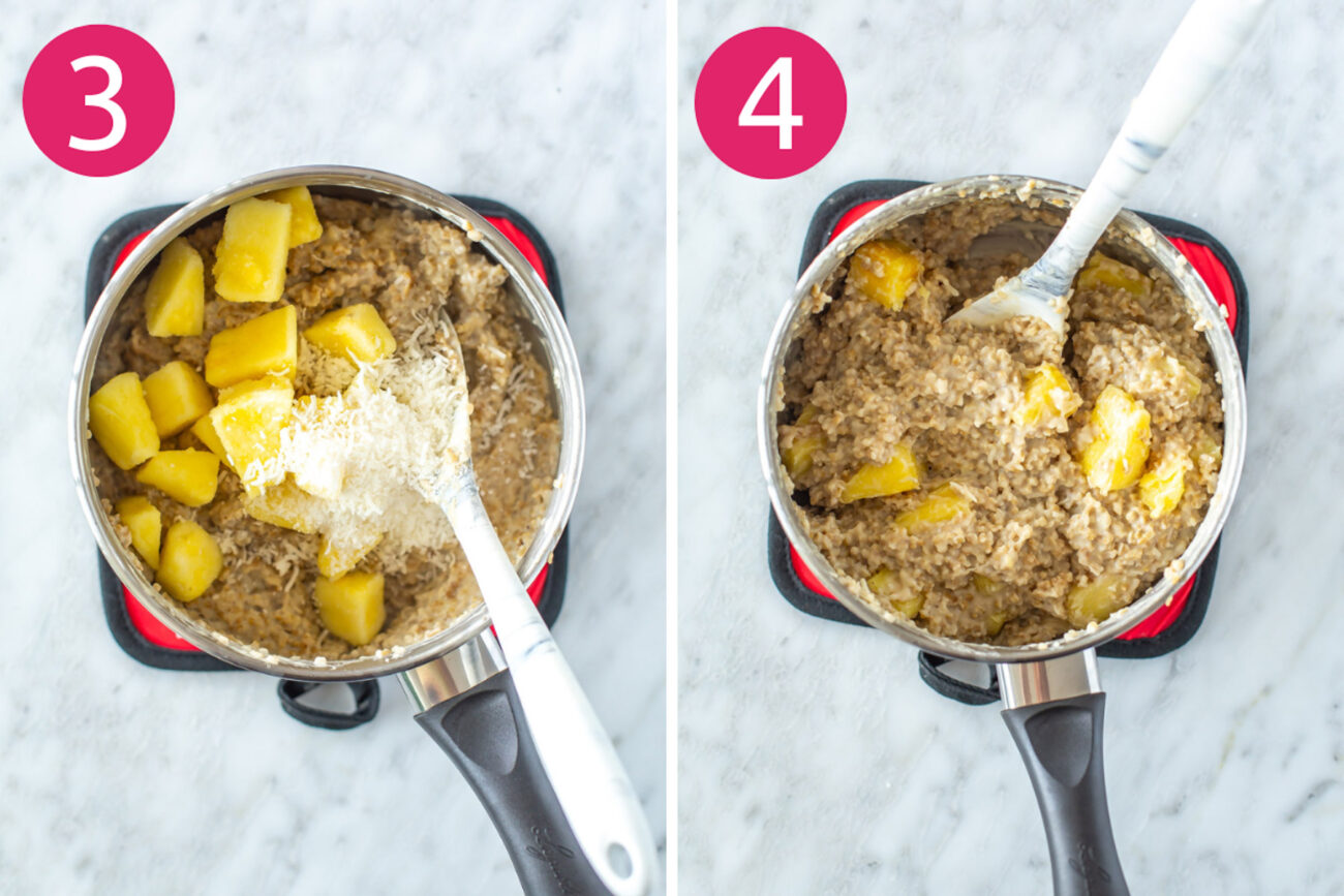 Steps 3 and 4 for making pina colada steel cut oats: Stir in pineapple and coconut then garnish and serve.