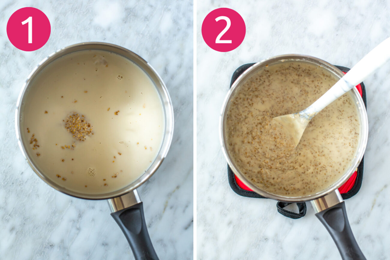 Step 1 and 2 for making pina colada steel cut oats: Add ingredients to a pot and cook oats.