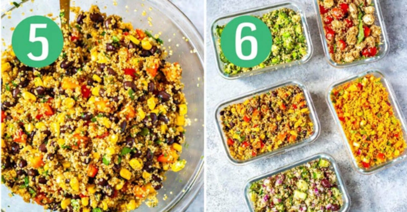 Steps 5 and 5 for making quinoa salads: Add your toppings and store for later.