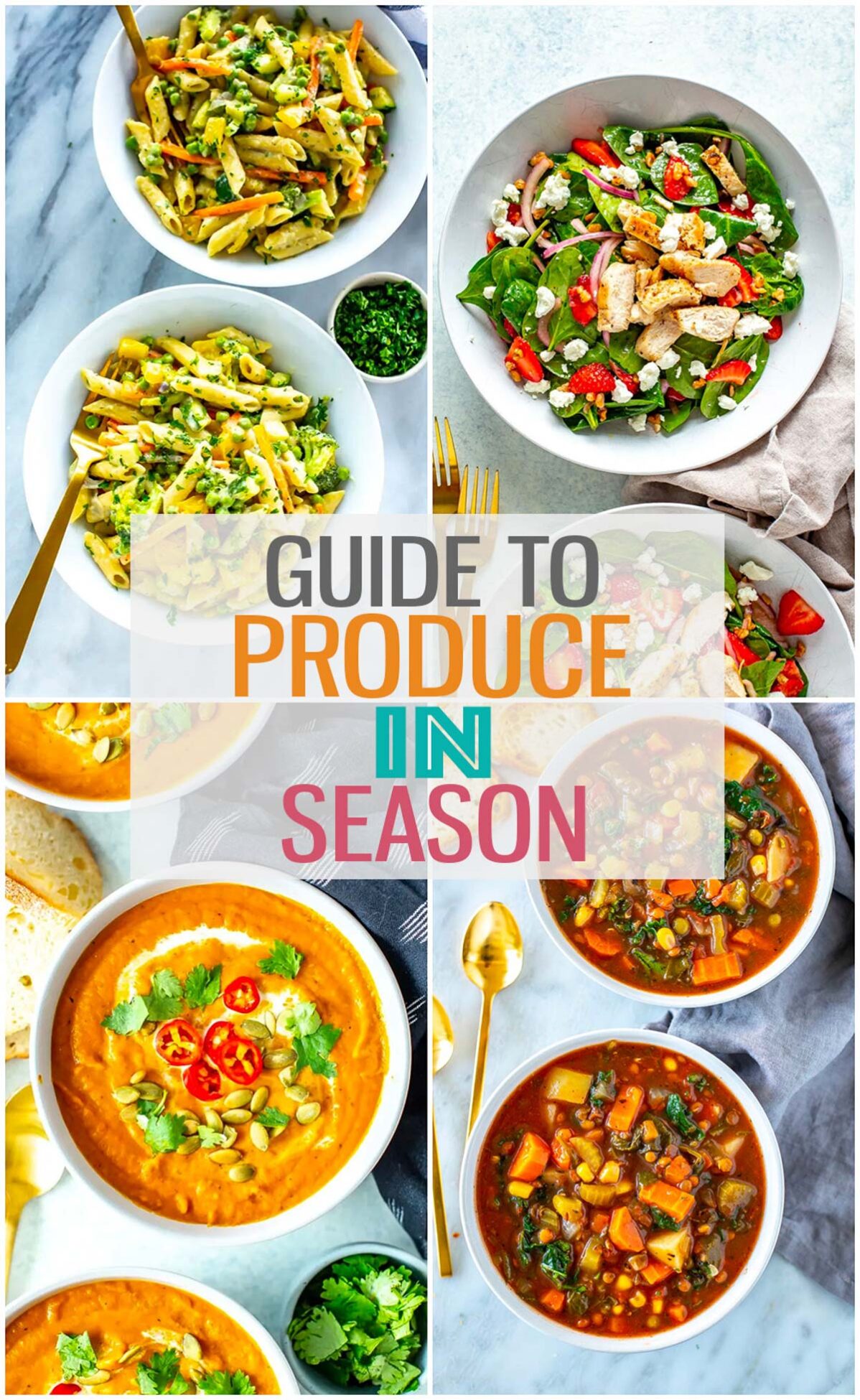 A collage of four different recipes with the text "Guide to Produce in Season" layered over top.