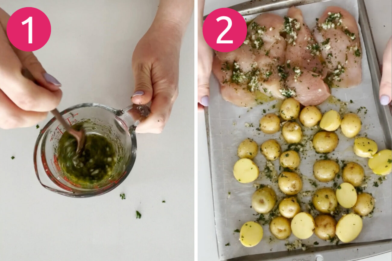 Steps 1 and 2 for making sheet pan asparagus chicken: Make lemon mixture and cook potatoes and chicken.