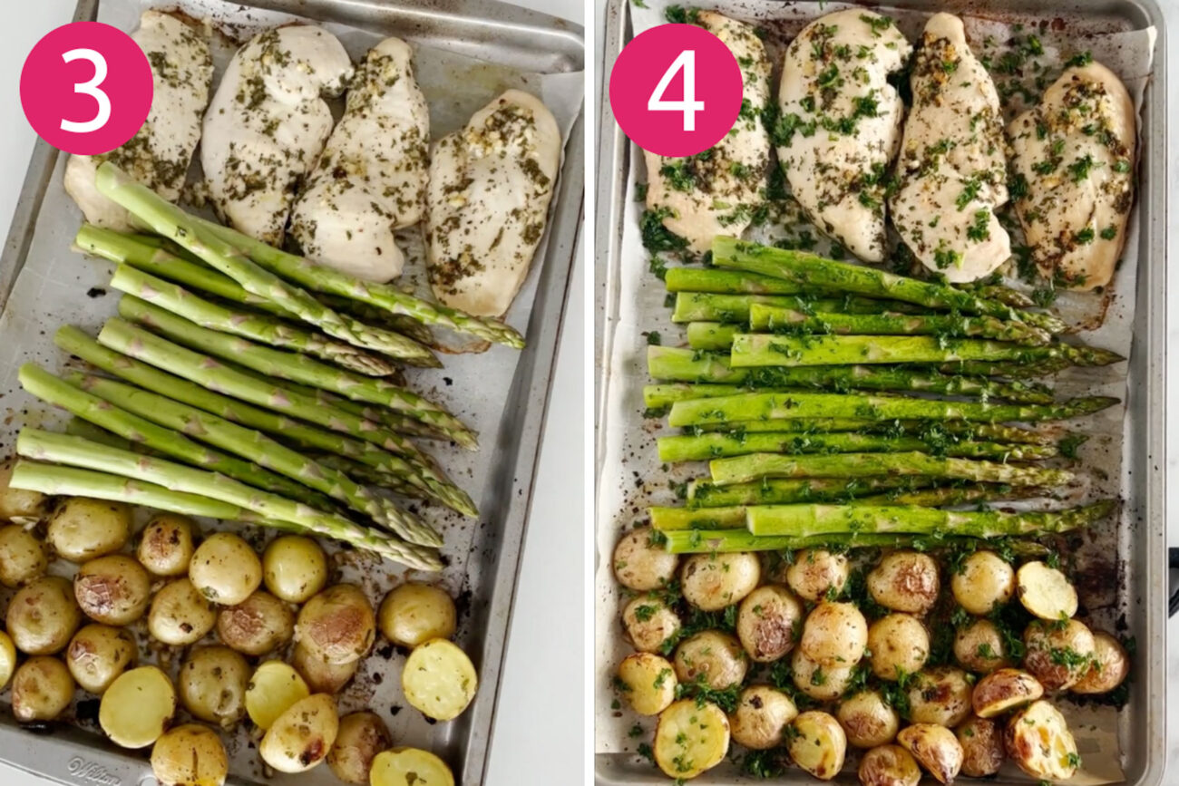 Steps 3 and 4 for making sheet pan chicken and asparagus: Bake asparagus then serve and enjoy.