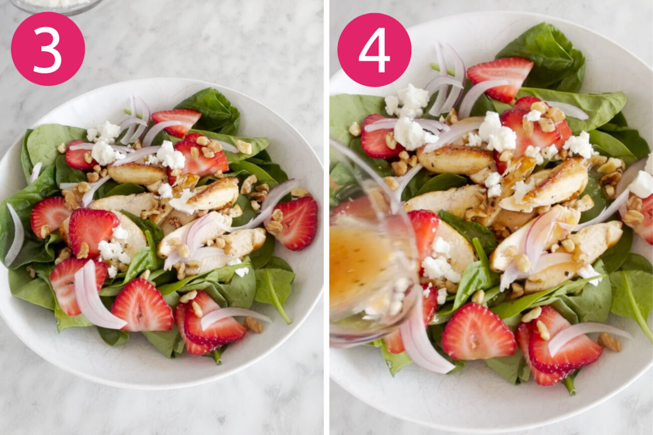 Steps 3 and 4 for making strawberry spinach chicken salad: Add everything to a large bowl then top with dressing.
