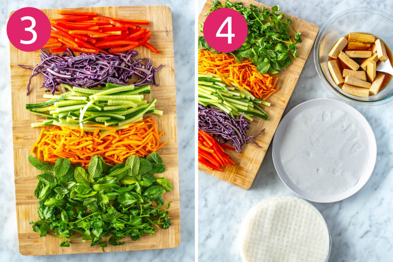 Steps 3 and 4 for making summer rolls: Prep veggies and soak rice paper wrappers.