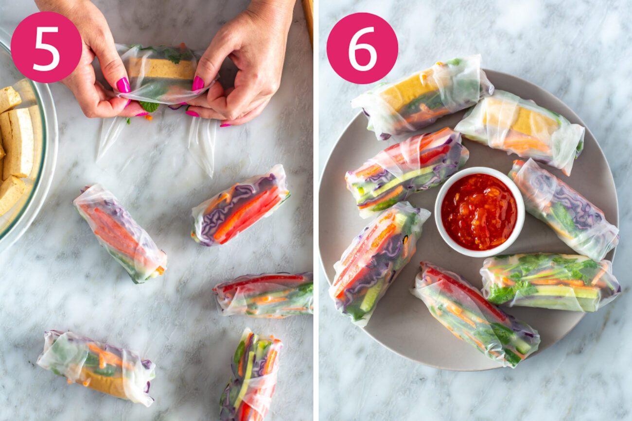 Steps 5 and 6 for making summer rolls: Add fillings and roll them up.