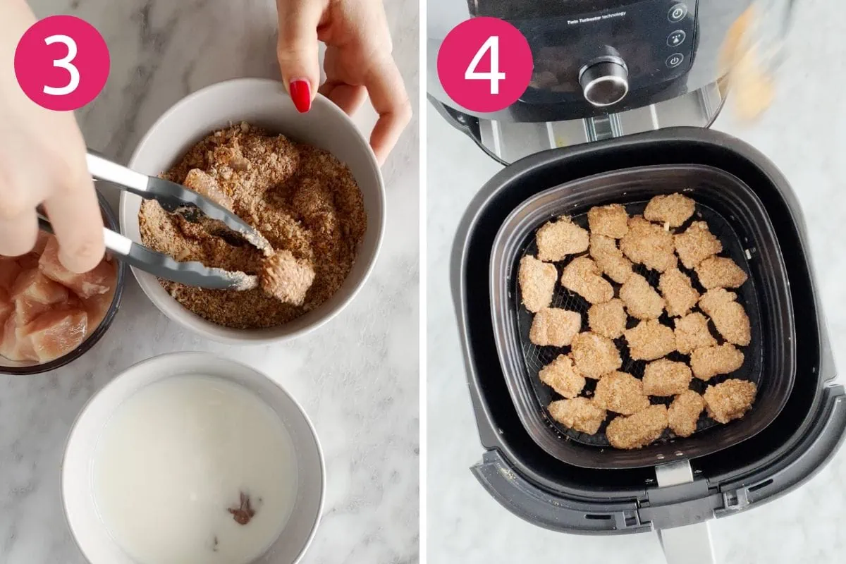 Steps 3 and 4 for making air fryer chicken nuggets