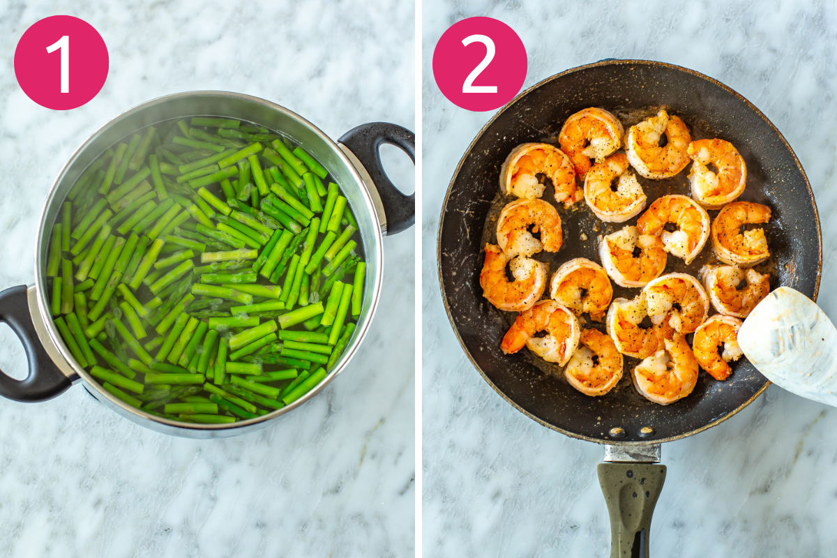 Steps 1 and 2 for making Olive Garden Shrimp Scampi: Boil pasta and asparagus and cook shrimp.
