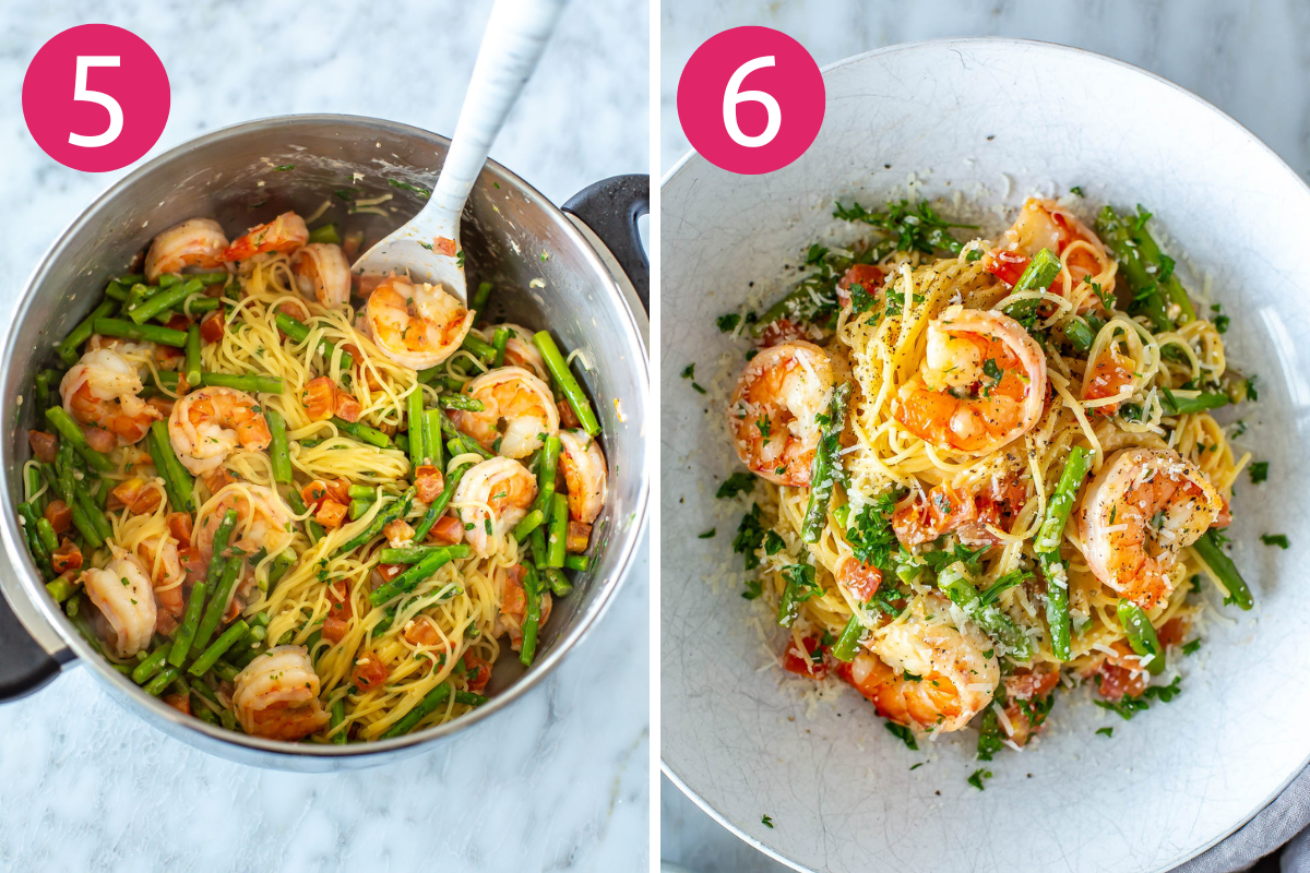 Steps 5 and 6 for making Olive Garden Shrimp Scampi: Toss everything together then serve and enjoy!