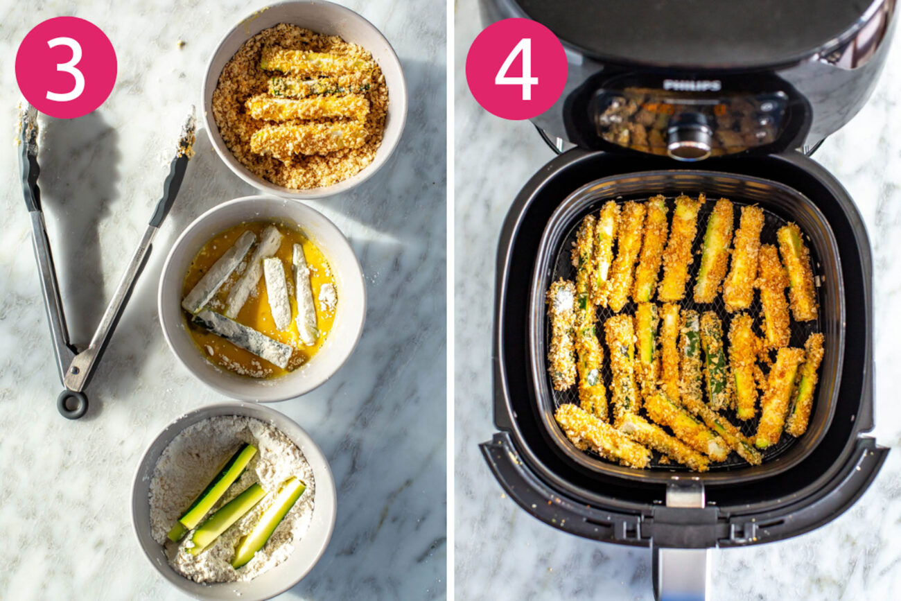 Steps 3 and 4 for making Air Fryer Zucchini Fries: Bread zucchini and put in air fryer.