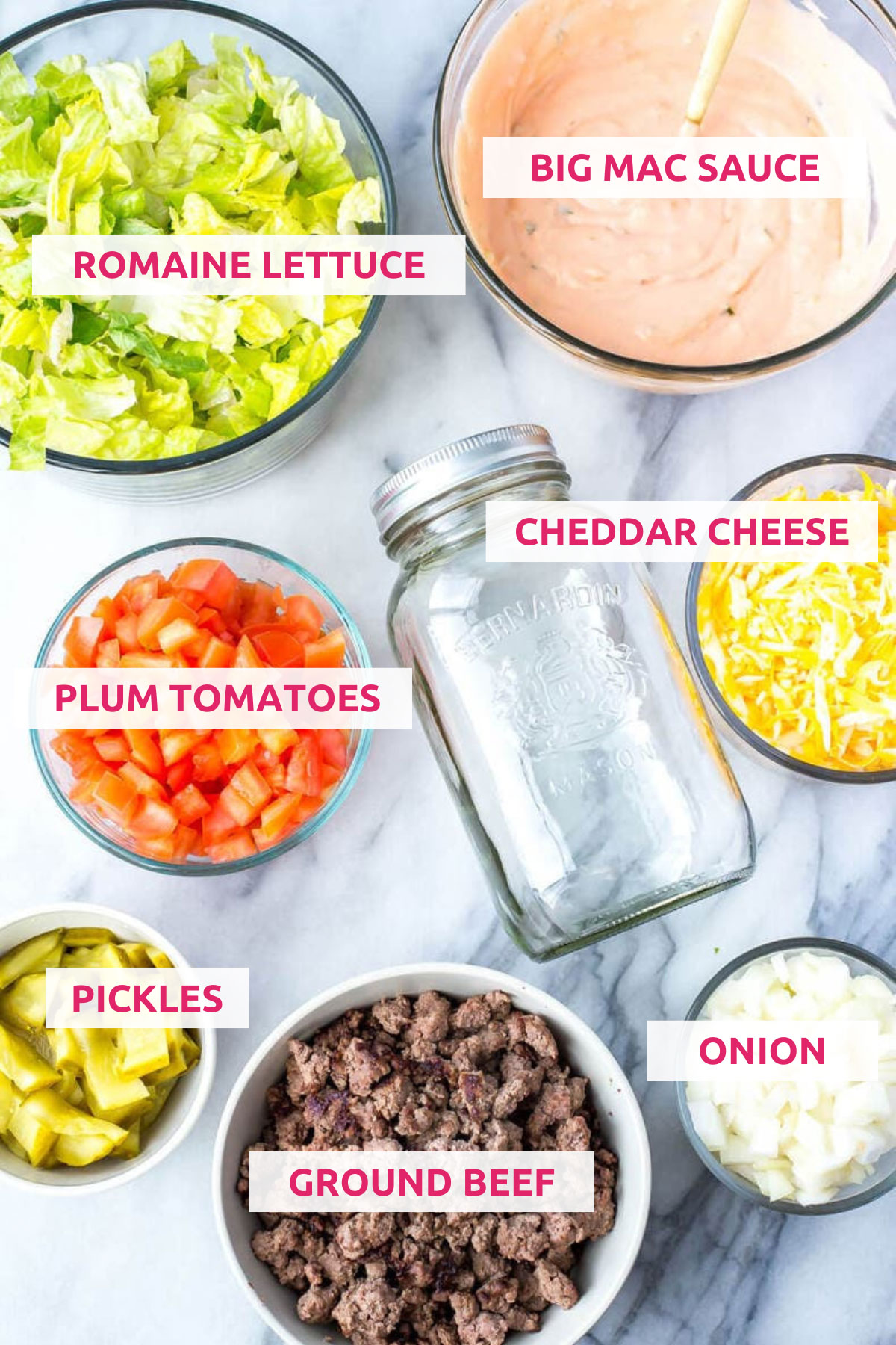 Ingredients for big mac salad jars: romaine lettuce, big mac sauce, tomatoes, cheddar cheese, pickles, ground beef and onion.