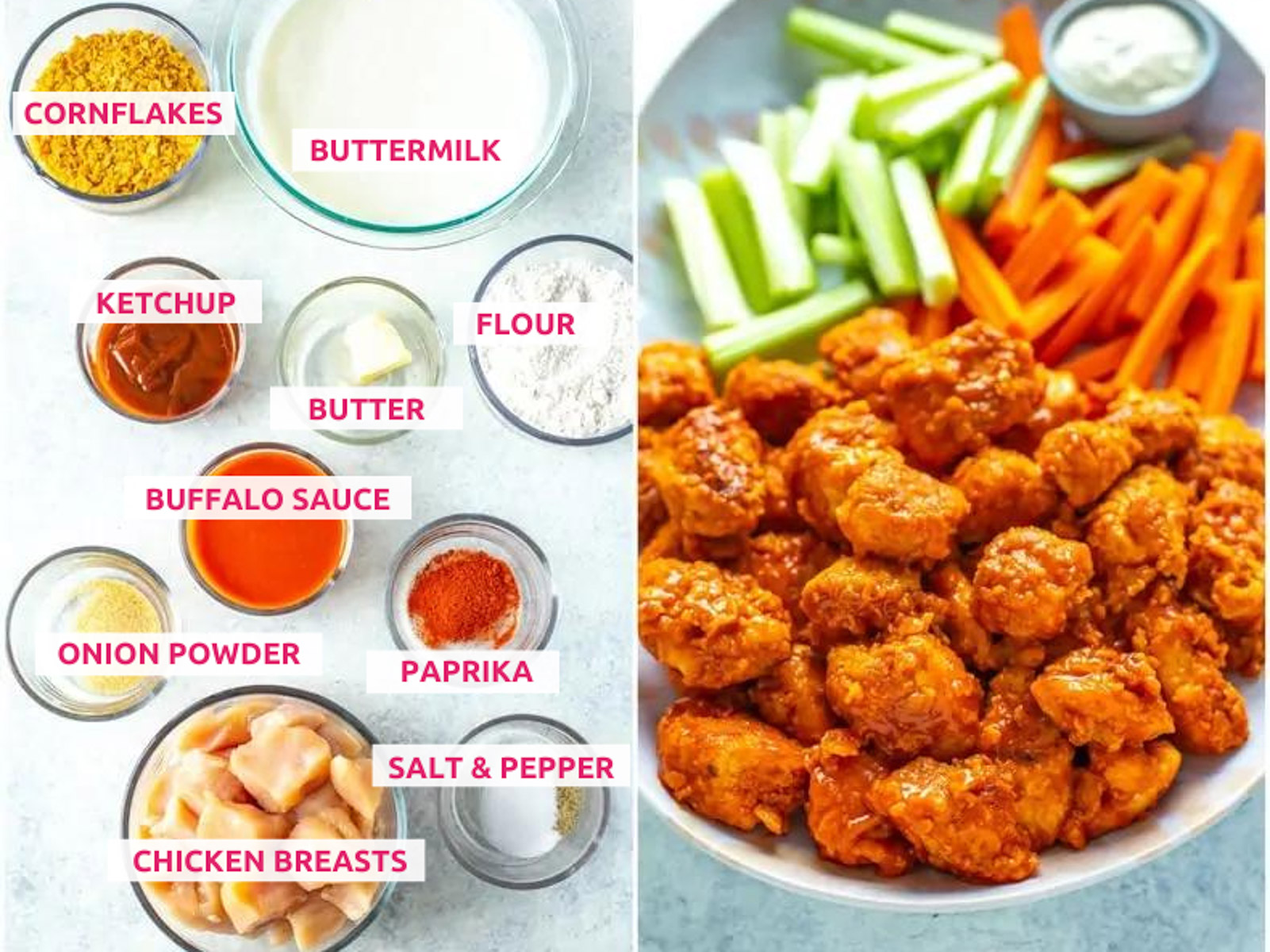 Ingredients for boneless wings: cornflakes, buttermilk, chicken breasts, ketchup, butter, flour, onion powder, buffalo sauce, paprika, salt and pepper.