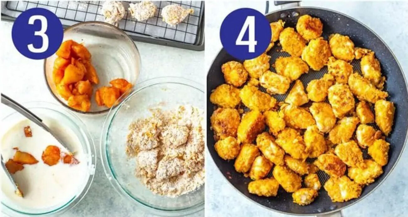 Steps 3 and 4 for making boneless wings: Bread chicken and cook it.