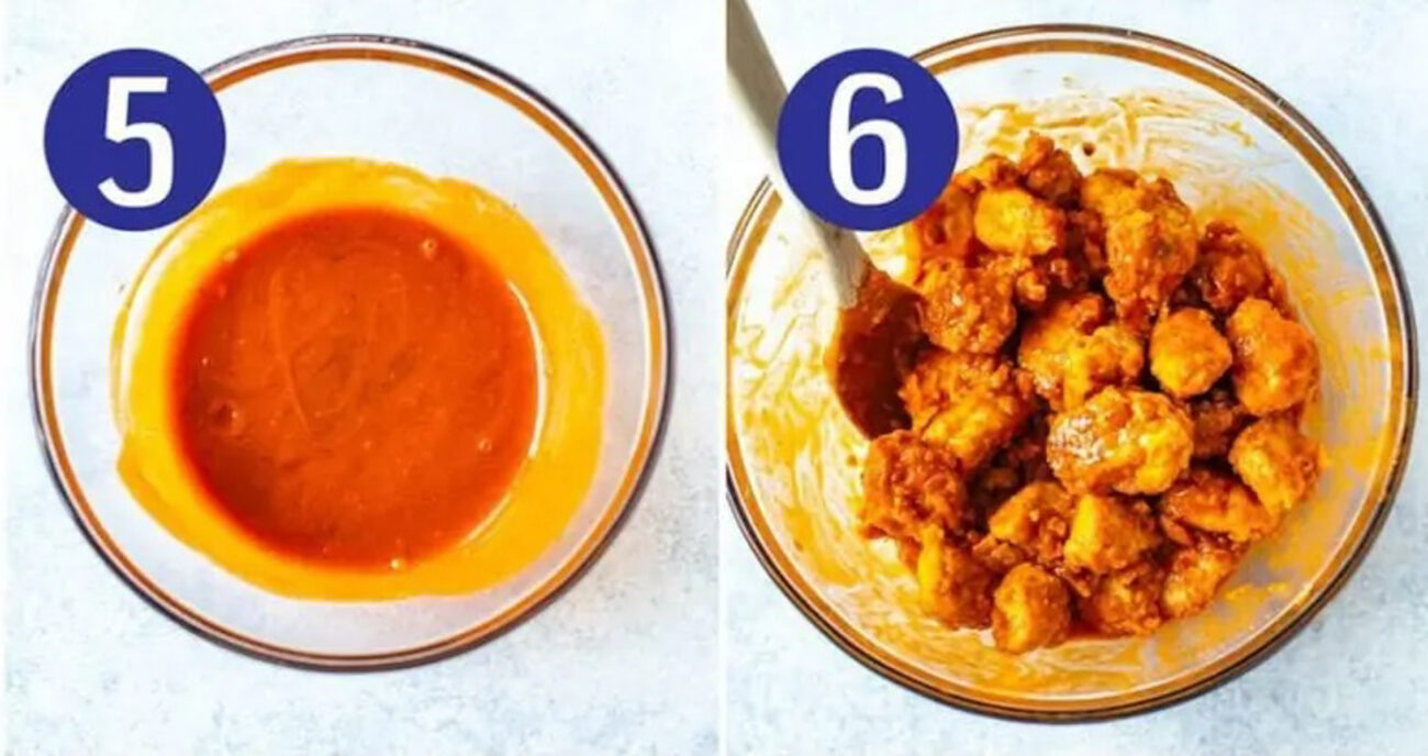 Steps 5 and 6 for making boneless wings: Make wing sauce and toss chicken in sauce.