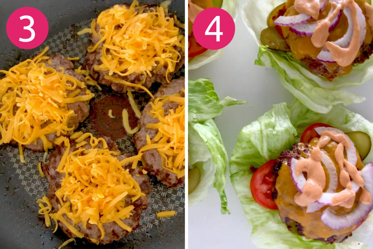 Steps 3 and 4 for making burger lettuce wraps: Form and cook your patties then assemble wraps.