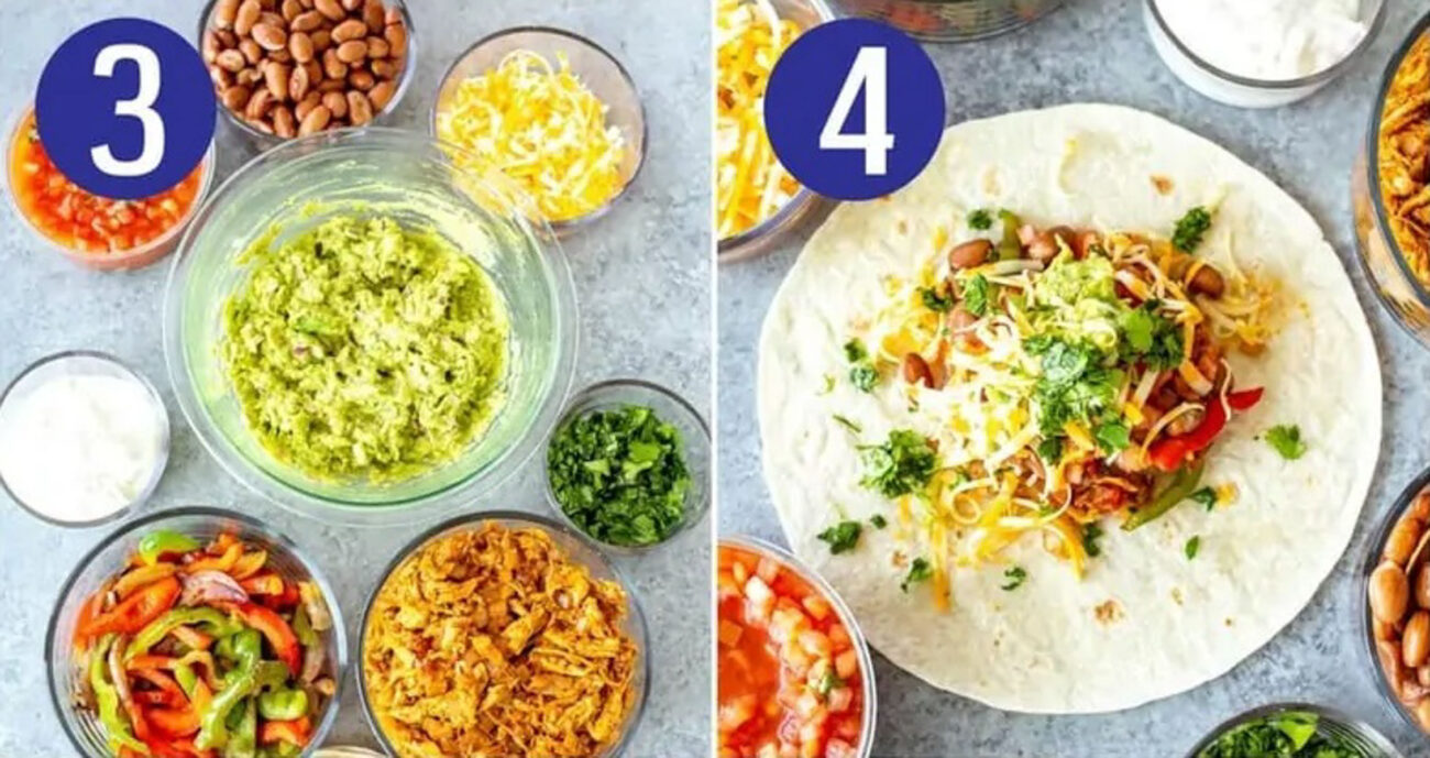 Steps 3 and 4 for making chicken burritos: Prepare your toppings and assemble your burritos.