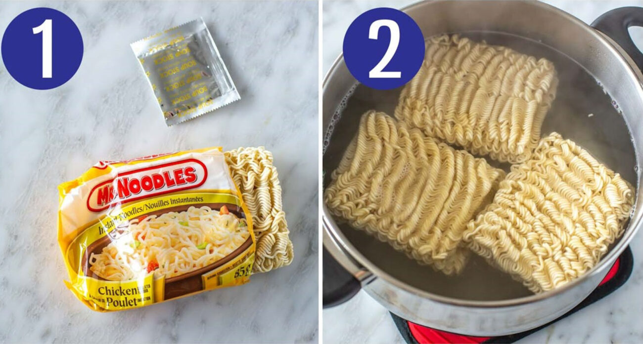 Steps 1 and 2 for making chicken ramen stir fry: Discard seasoning packets and boil noodles.