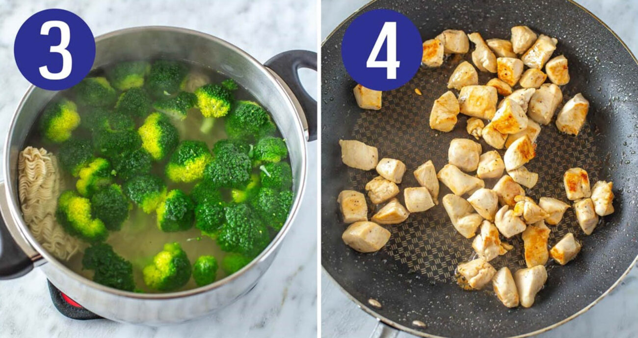 Steps 3 and 4 for making chicken ramen stir fry: Add broccoli and cook chicken.