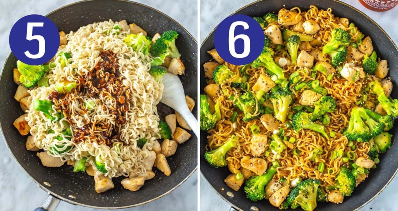 Steps 5 and 6 for making chicken ramen stir fry: Toss everything together and serve.