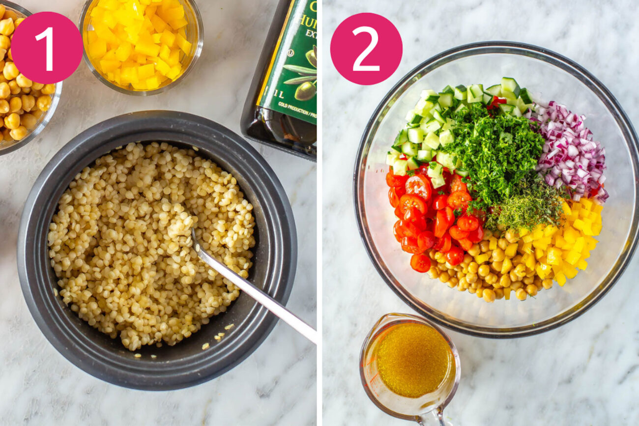 Step 1 and 2 for making couscous salad: Cook couscous and prep your ingredients.