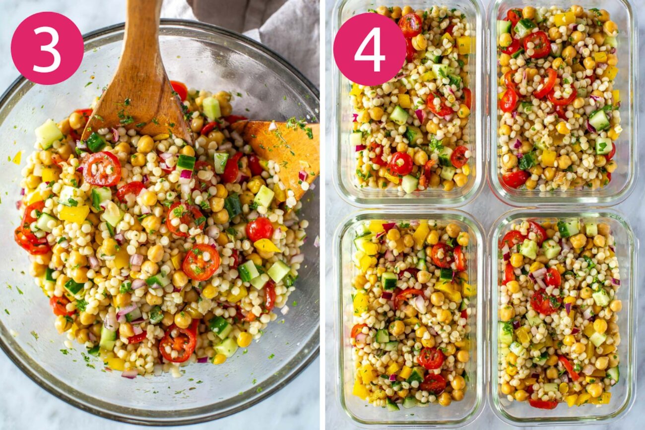 Steps 3 and 4 for making couscous salad: Mix everything together then eat or store for later.