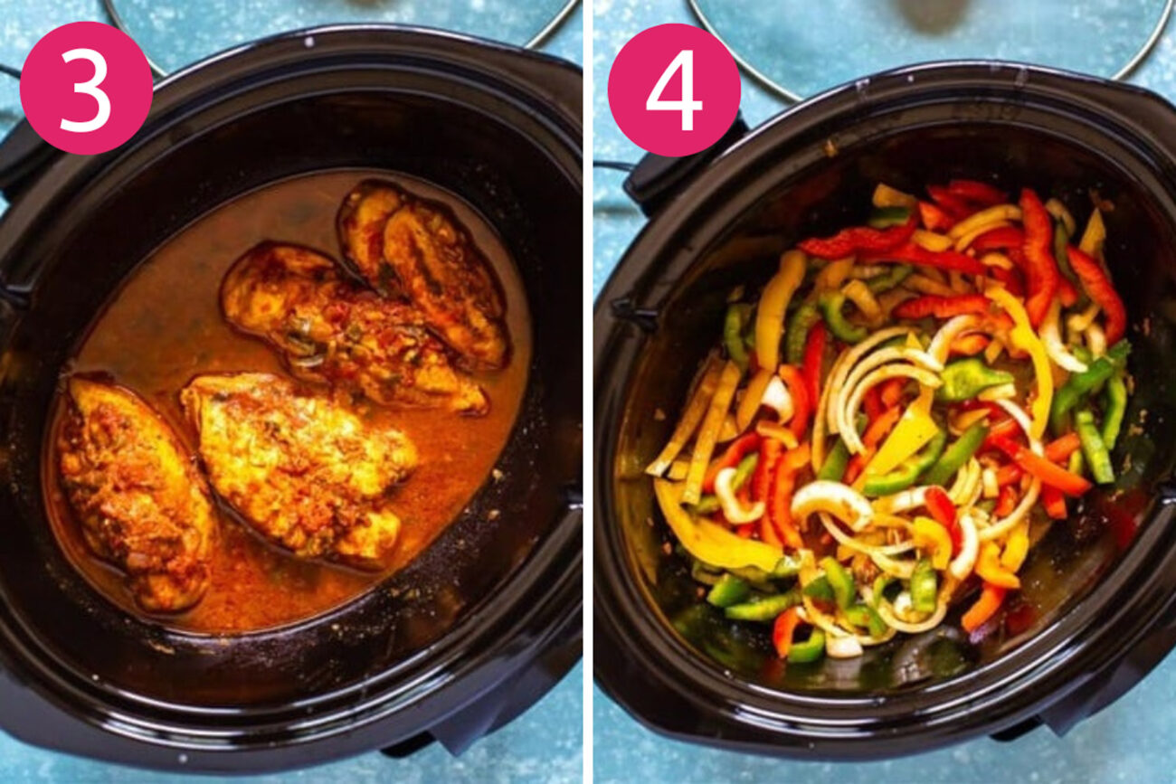 Steps 3 and 4 for making crockpot chicken fajitas: Cook chicken then add peppers and onions.