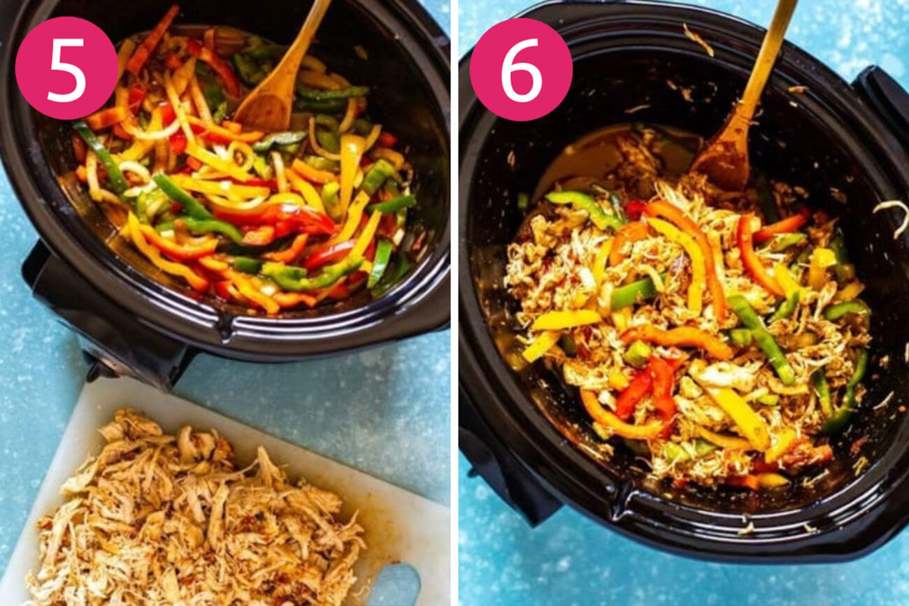 Steps 5 and 6 for making crockpot chicken fajitas: Shred chicken then serve.