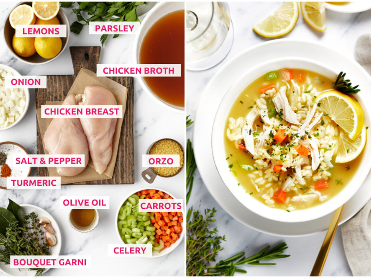 Ingredients for lemon chicken orzo soup: chicken breasts, chicken broth, parsley, lemon, onion, orzo, salt, pepper, turmeric, bouquet garni, olive oil, celery and carrots.