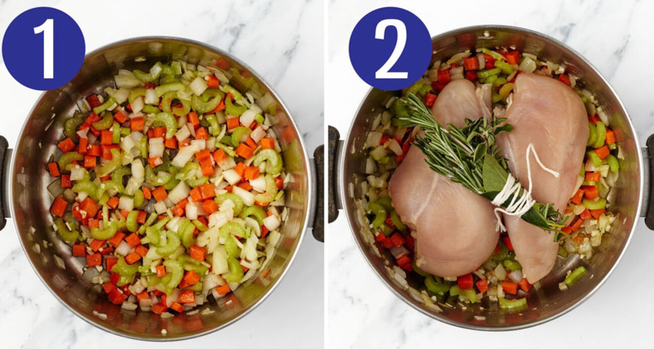 Steps 1 and 2 for making lemon chicken orzo soup: Saute veggies then add remaining ingredients.