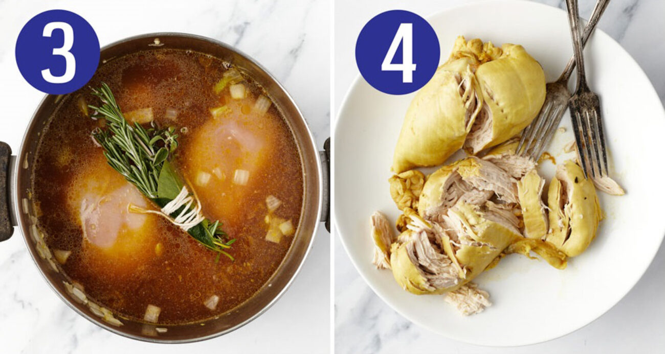 Steps 3 and 4 for making lemon chicken orzo soup: Cook soup and shred chicken.