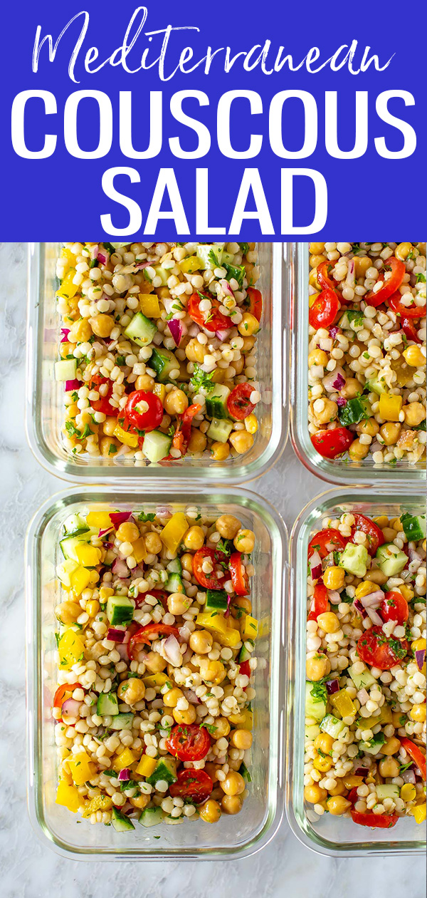 This Mediterranean Couscous Salad is perfect for meal prep with fresh veggies and herbs. You'll love the easy homemade lemon dressing! #couscous #couscoussalad