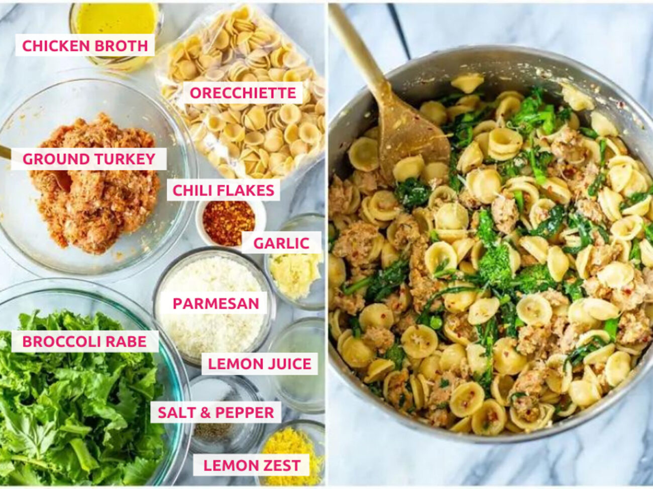 Ingredients for orecchiette with sausage and broccoli rabe: orecchiette, ground turkey, chicken broth, chili flakes, parmesan, garlic, broccoli rabe, salt, pepper, lemon zest and lemon juice.