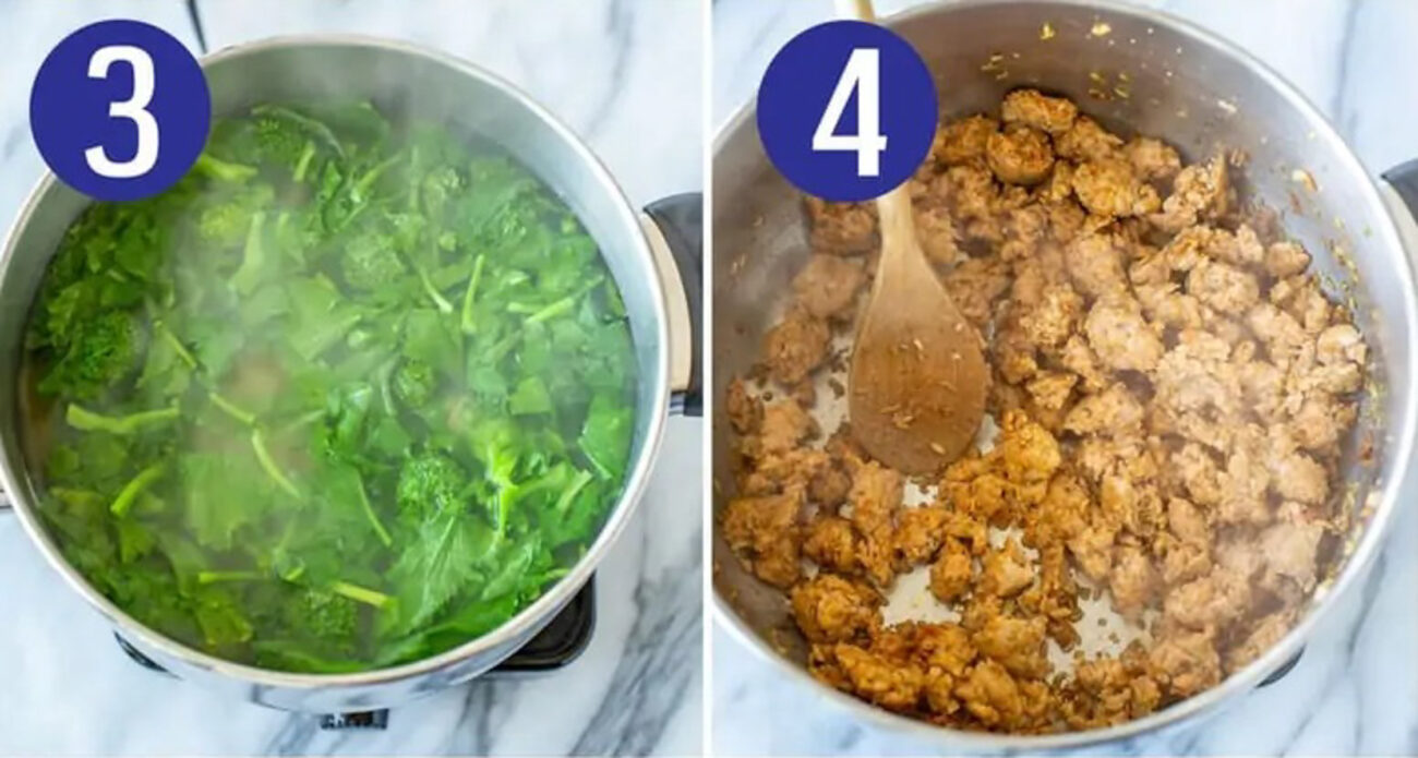 Steps 3 and 4 for making orecchiette with sausage and broccoli rabe: Cook broccoli rabe and cook sausage.
