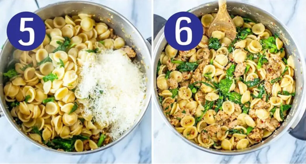 Steps 5 and 6 for making orecchiette with sausage and broccoli rabe: Add everything to the pot then mix.