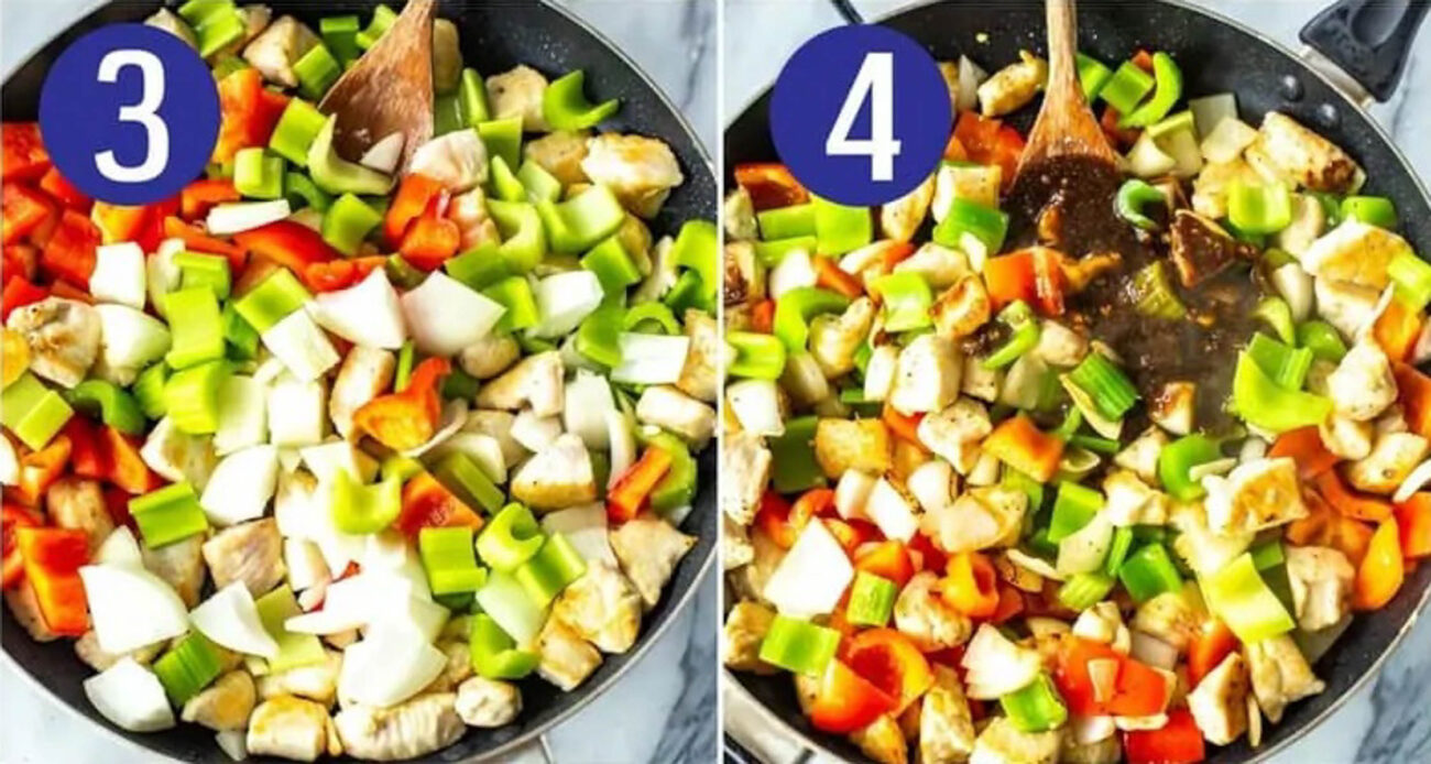 Steps 3 and 4 for making Panda Express black pepper chicken: Saute veggies then add sauce.