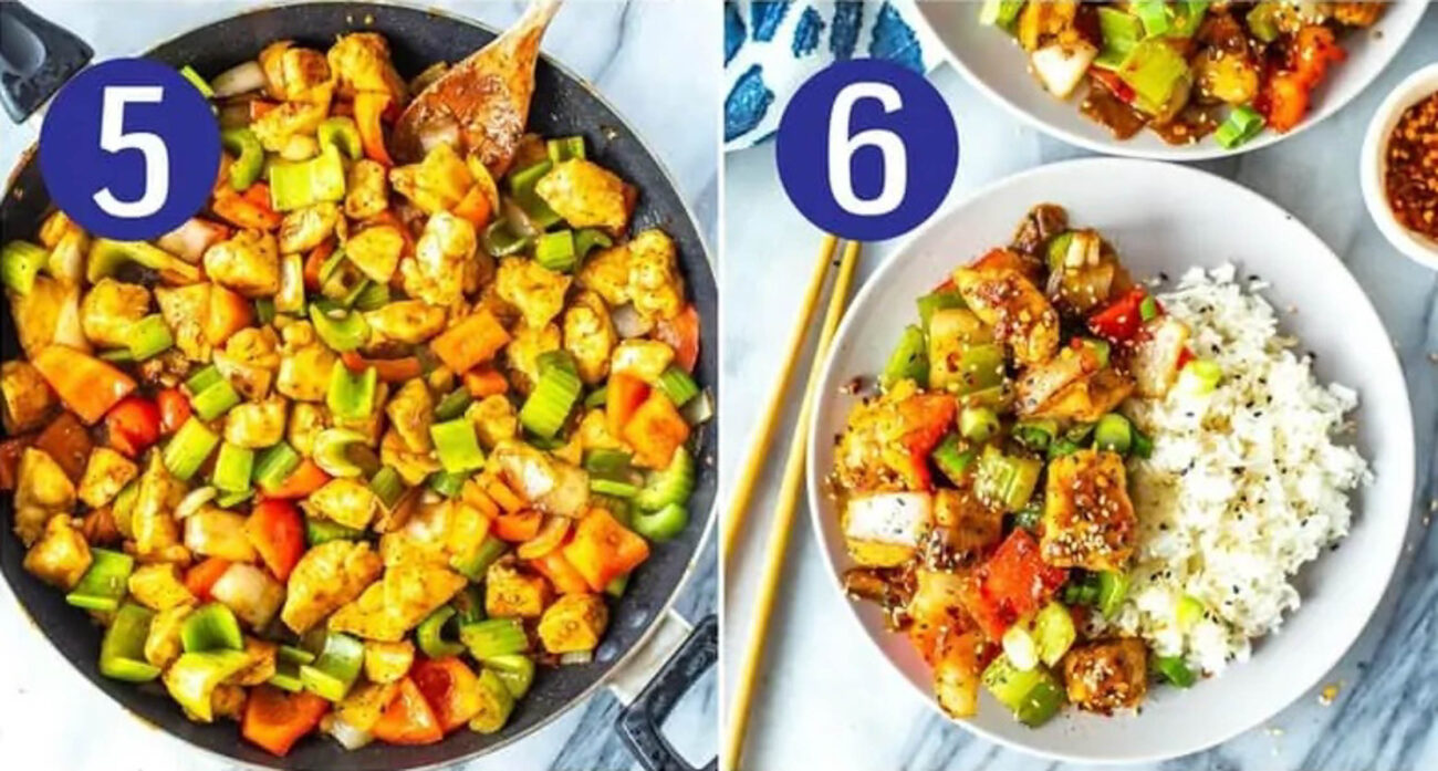 Steps 5 and 6 for making Panda Express black pepper chicken: Stir to combine the serve and enjoy!