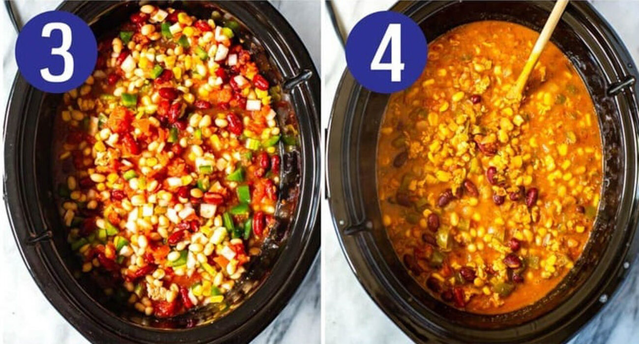 Steps 3 and 4 for making crockpot turkey chili: Add everything to crockpot and cook.