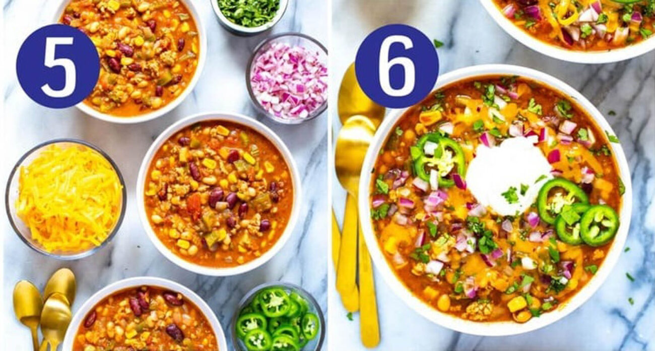 Steps 5 and 6 for making slow cooker turkey chili: Add toppings and serve and enjoy.