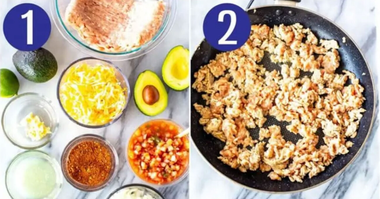 Steps 1 and 2 for making taco stuffed avocados: Prep ingredients and brown ground turkey.