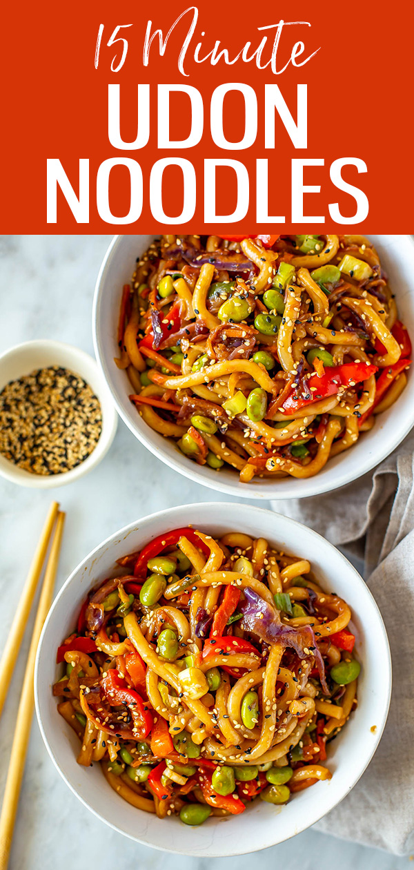 These 15-Minute Udon Noodles are a fast and easy weeknight vegetarian dinner idea! They're stir-fried to perfection with the best sauce. #udonnoodles #stirfry
