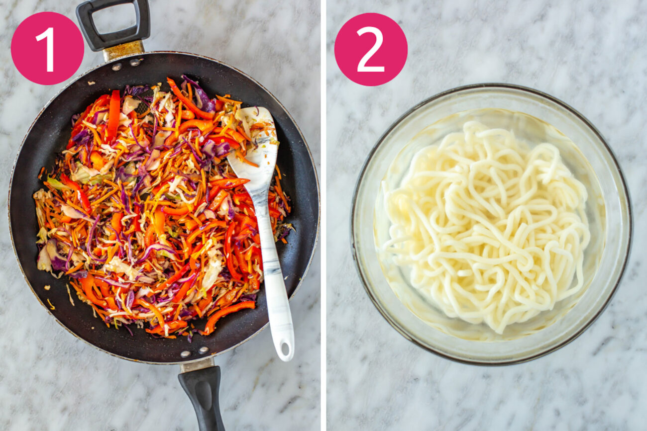 Steps 1 and 2 for making udon noodles: Stir fry coleslaw mix and boil noodles.