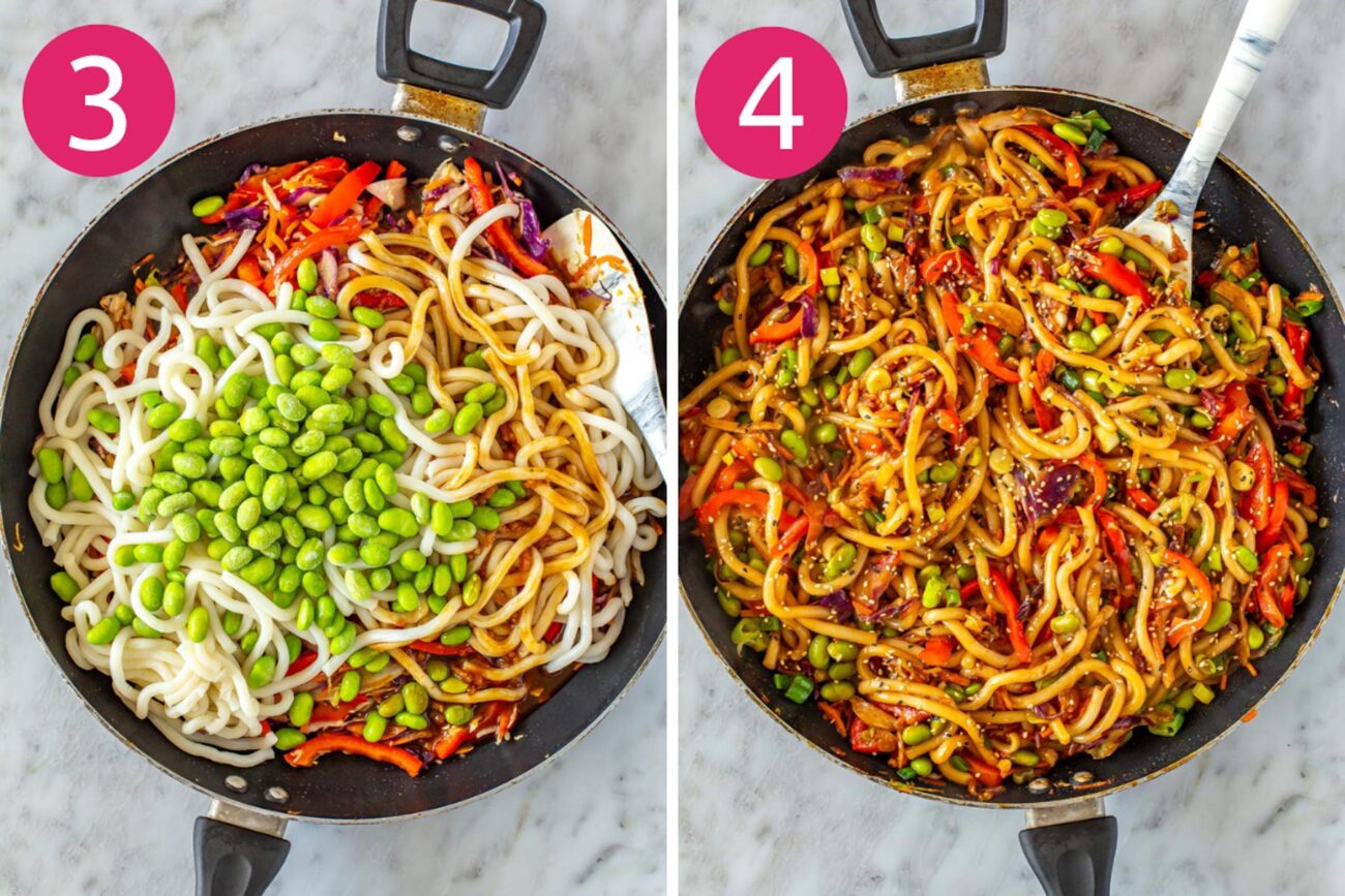 Steps 3 and 4 for making Udon Noodles: Add rest of vegetables and cook, then add sauce and combine everything together.