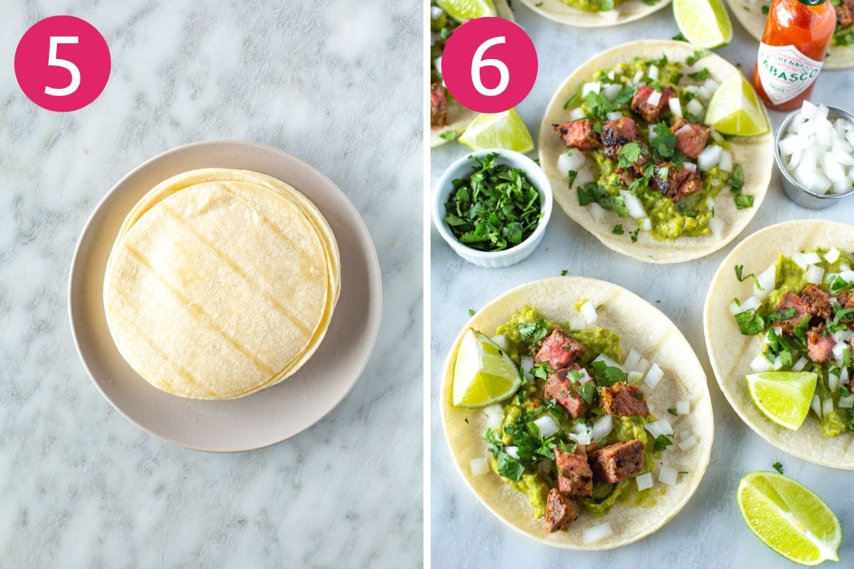 Steps 5 and 6 for making carne asada tacos.