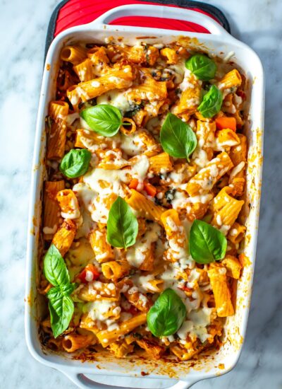 Chicken pasta bake in a a large casserole dish.