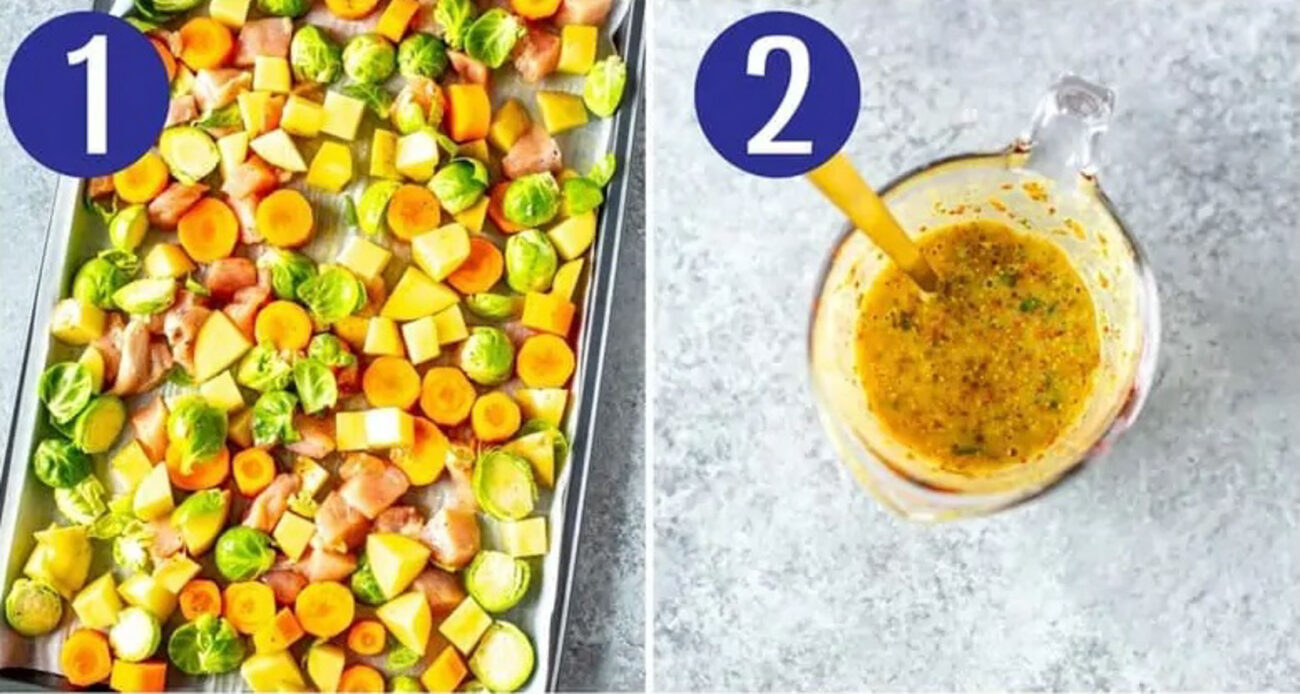 Step 1 and 2 for making baked honey mustard chicken: Add veggies and chicken to sheet pan and make honey mustard sauce.
