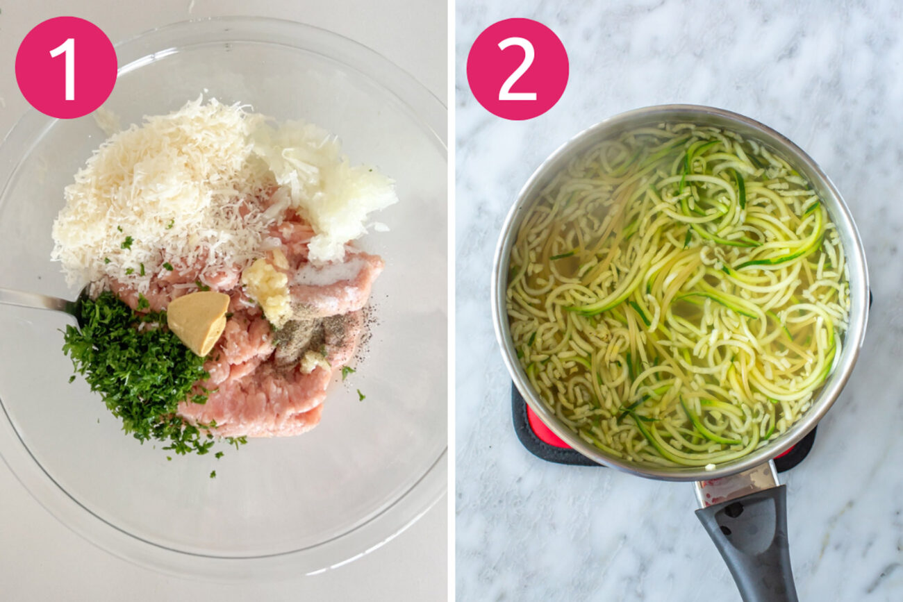 Steps 1 and 2 for making baked turkey meatballs: Make meatballs and cook noodles.