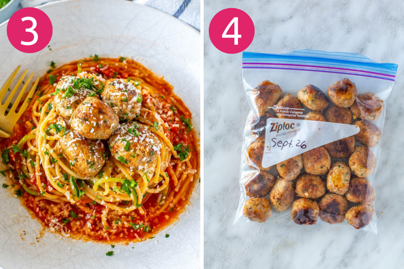 Steps 3 and 4 for making baked turkey meatballs: Serve meatballs over pasta or freeze for later.