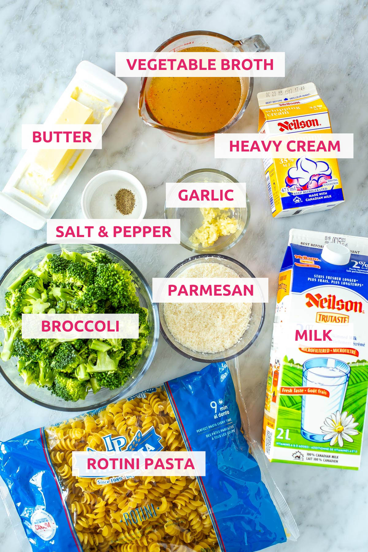 Ingredients for broccoli alfredo pasta: pasta, broccoli, butter, vegetable borth, salt, pepper, garlic, parmesan cheese, milk and heavy cream.